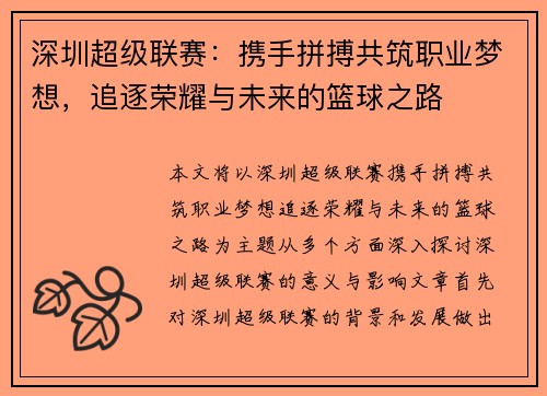 深圳超级联赛：携手拼搏共筑职业梦想，追逐荣耀与未来的篮球之路
