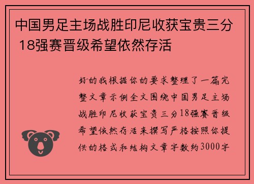 中国男足主场战胜印尼收获宝贵三分 18强赛晋级希望依然存活
