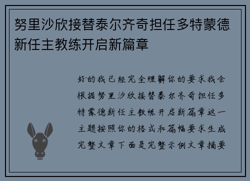 努里沙欣接替泰尔齐奇担任多特蒙德新任主教练开启新篇章