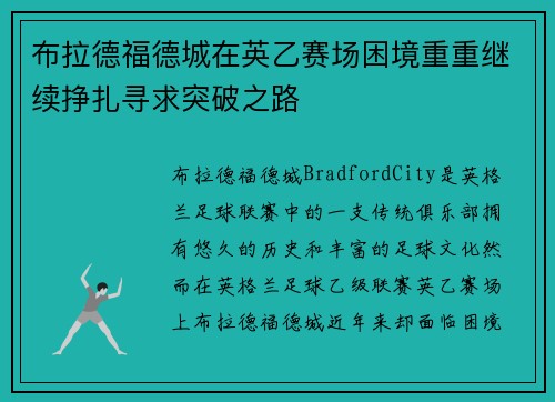 布拉德福德城在英乙赛场困境重重继续挣扎寻求突破之路