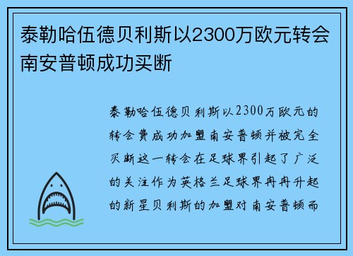 泰勒哈伍德贝利斯以2300万欧元转会南安普顿成功买断